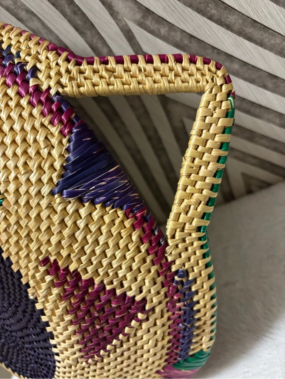 African hand woven colorful wall basket with handles